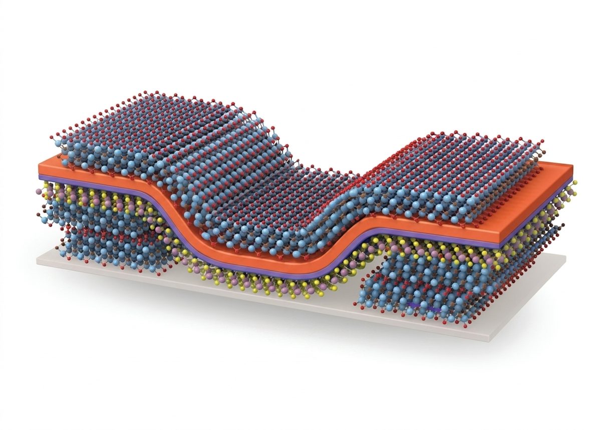 Rendering of a 2D heterostructure: a MXene layer stacked on a transition metal dichalcogenide layer.